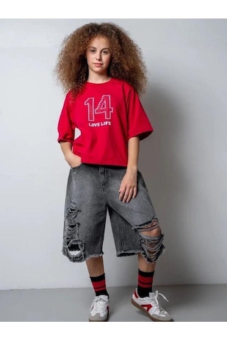Zekids Kız Çocuk 14 Lıfe Yazılı Pamuklu Tshirt-15795 Kırmızı
