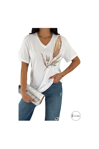 Cassime Kadın Büyük Beden Omzu Yaprak Pul Payet Nakışlı Tişört Xl-2xl-3xl Beyaz