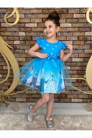 Neşeli Bebe Frozen Elsa Temalı Yazlık Kız Çocuk Elbise 4-7 Yaş Hafif Kumaş Günlük Kullanıma Uygun Mavi