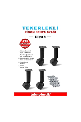 15cm Çap32mm 4 Adet Metal Gövdeli Plastik Tekerlekli Sehpa Ayağı Siyah
