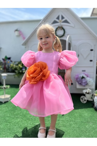 Rose- Pembe Şifon Kısa Kollu Kız Çocuk Elbisesi Pembe