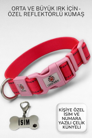 Caramelos Reflektörlü Köpek Tasması, Kişiye Özel Köpek Tasması. Büyük Ive Orta Irk Köpek Tasması Pmb Pembe
