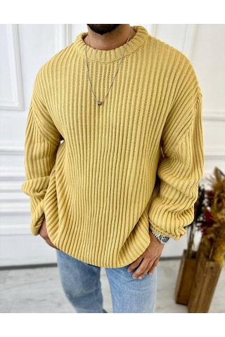 Elku Moda Oversize Kazak Bol Kesim Tüylenmeyen Salaş Triko Kazak Hardal