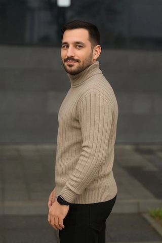 Erkek Balıkcı Yaka Bağazlı Triko Kazak Pamuklu Kalın Fitilli Dokuma, Regular Fit Uzun Kollu Kışlık Model - Bej Bej