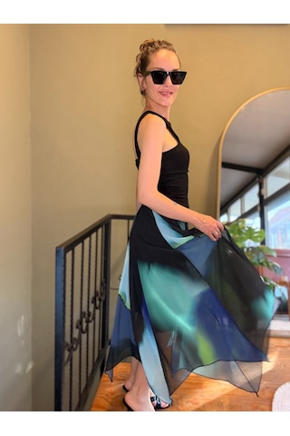 Ali Butik Mavi Batik Desen Asimetrik Şifon Etek