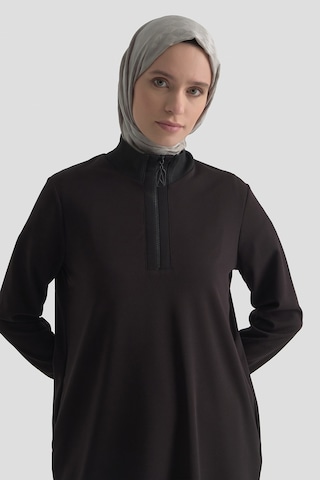 Armine Trend Yarım Fermuarlı Dik Yaka Uzun Kollu Rahat Kesim Basic Uzun Tunik 107 Cm Boy Siyah 26kt456