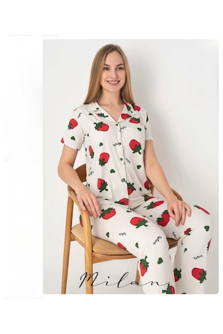 Oreiro Kadın Çilek Desenli Düğmeli Pijama Takımı - Kısa Kollu Pamuklu Yazlık Ev Giyimi Seti Beyaz - Kırmızı