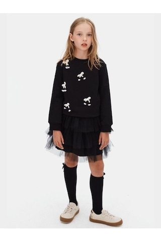 Kız Çocuk Fiyonk İşlemeli Sweatshirt-16134 Siyah