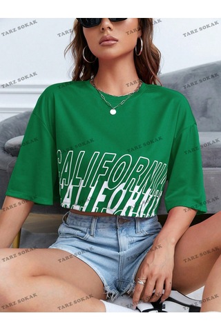 Flood Of Style Crop Ckod-232913 Mektup Grafikli Düşük Omuz Kısa Yeşil