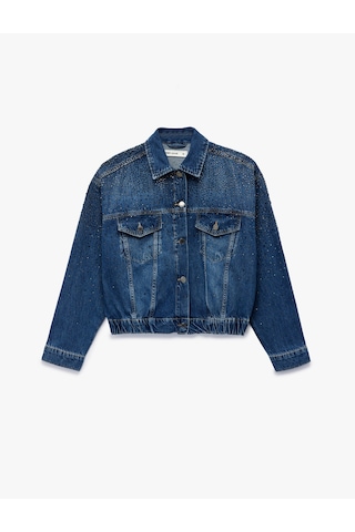 Koton Uzun Kollu Klasik Yaka Düğmeli Cepli Taş Detaylı Denim Ceket Orta İndigo 6wal50013md İndigo