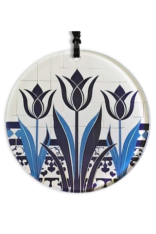 23 Cm Çap - İznik Çini Deseni Çiçek Motifli Füzyon Cam Duvar Süsü