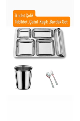 24 Parça Piknik Kahvaltılık Çelik Tabildot Set 6 Adet Tabldot,6 Adet Bardak,6 Adet Çatal, Kaşık gümüş
