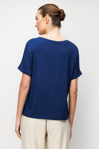 Kadın Sıfır Yaka Önü Boydan Taşlı Düşük Kollu Penye T-shirt Lacivert Lacivert
