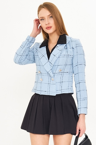 Armonika Kadın Mavi-siyah Kruvaze Yaka Tüvit Crop Ceket Arm-24k001014