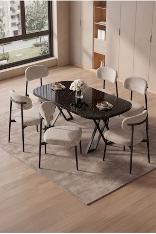 Robii 90x168 Siyah Mermer Mdf Masa, Metal X Ayak, Metal Polo Sandalye, 6 Kişilik Mutfak Masası Takımı Ve Yemek Masası Takımı Krem