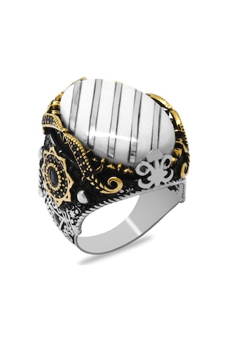 Fildişi Üzerine Gümüş Çapraz Şerit İşlemeli Oval Tasarım Koleksiyonluk 925 Ayar Gümüş Erkek Yüzük Gümüş