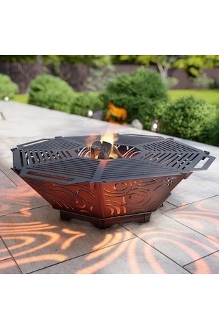 Oktagon Ateş Çukuru Izgaralı Sekizgen Barbekü Bahçenize Dekoratif Siyah