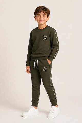 Rony Pony Kids Erkek Çocuk Haki Gezegen Baskılı Beyaz Biyeli Sweatshirt Jogger Eşofman Takımı