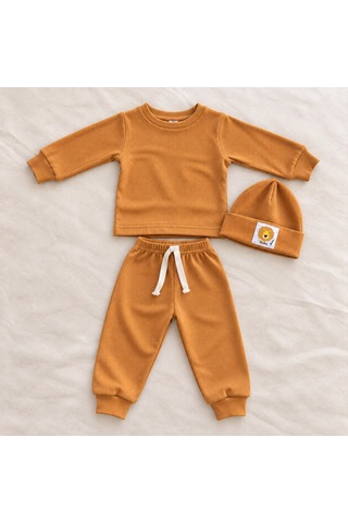 Hukids Unisex Fitilli 3'lü Bebek/çocuk Takımı Hardal