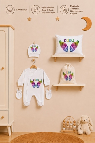 Pia Baby Kız Bebek Hastane Çıkışı İsimli Tulum Takımı Yastık Kılıfı Şapka Eldiven Kıyafet Kesesi Bebek Hediyesi 2051ytk3x Krem