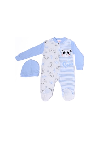 Hçm Erkek Bebek Tulum Şapkalı Panda Baskılı Çıtçıtlı D6 mavi