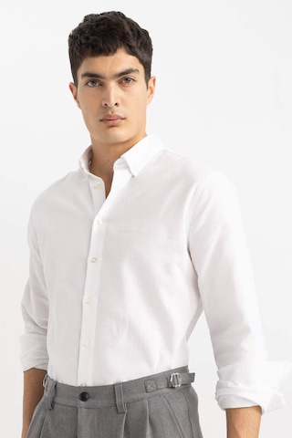Defacto Beyaz Modern Fit Polo Yaka Petek Dokulu Basic Düz Uzun Kollu Gömlek B7383AX24SPWT34 Beyaz