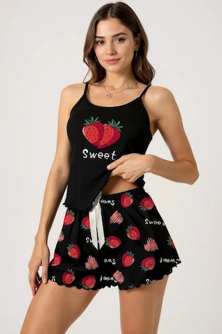 Çilek Baskılı Siyah Askılı Şortlu Pijama Takımı Siyah