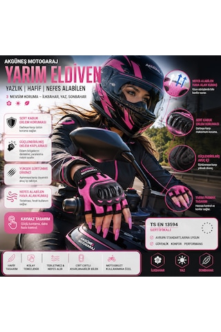 Akgüneş Motogaraj Pembe Motosiklet Eldiveni Yazlık Hava Alan Korumalı Dokunmatik Uyumlu Kadın Motosiklet Eldiveni