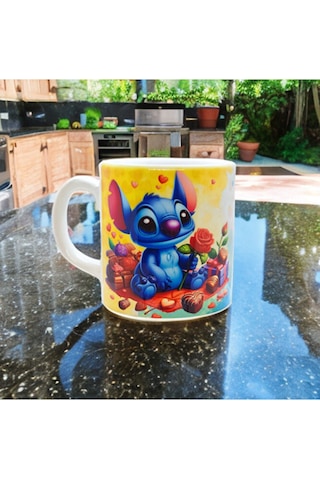 Lilo & Stitch Temalı Kalpli Stitch Baskılı Seramik Kupa Bardak Beyaz