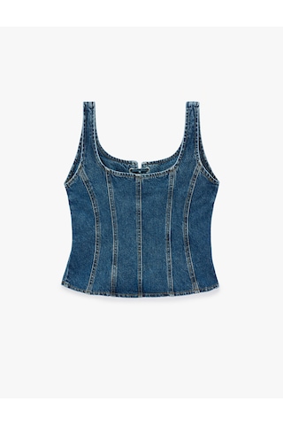 Koton Bağcık Detaylı Slim Fit Pamuklu U Yaka Kolsuz Denim Korse Bluz Koyu İndigo 7wal30010md Dark Indigo