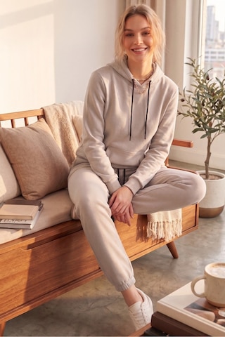 Moibody Kadın 3 İplik Şardonlu Eşofman Takımı Premium Kapüşonlu Sweatshirt Ve Jogger Alt Bej Bej