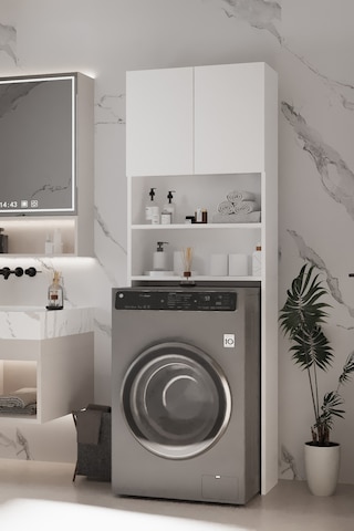 Plato Çamaşır Makinesi Dolabı 4 Raflı 2 Kapaklı Çamaşır Makinesi Dolabı Banyo Dolabı Beyaz