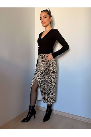 Ali Butik Leopar Önden Yırtmaç Detaylı Denim Etek Leopar
