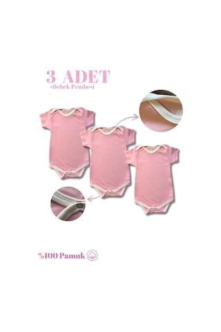Betül Bebek Kısa Kollu 3'lü %100 Organik Pamuk Çıtçıtlı Bebek Body & Zıbın 3adet Pembe