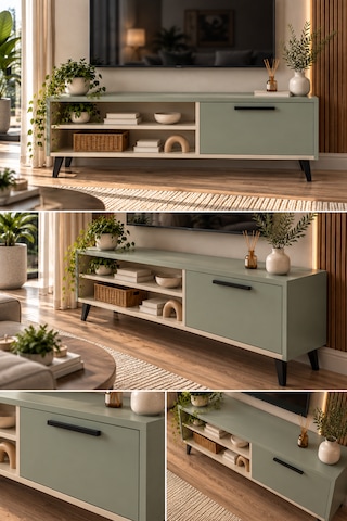 Solenne Modern Tv Ünitesi - Kum Beji - Su Yeşili - 120 Cm
