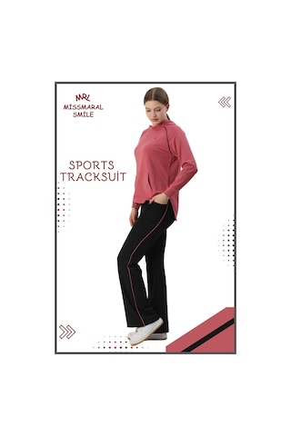 Kadın Spor Eşofman Takım İspanyol Paça Çift Cepli Alt &kapüşonlu Kanguru Cepli Üst Gül Kurusu 3053 Gül Kurusu