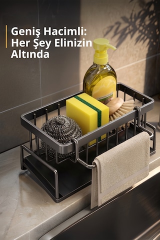 Mutfak Evye Üstü Tezgah Organizer Paslanmaz Metal Süngerlik Sabunluk Bez Askılı Tepsili Düzenleyici Siyah