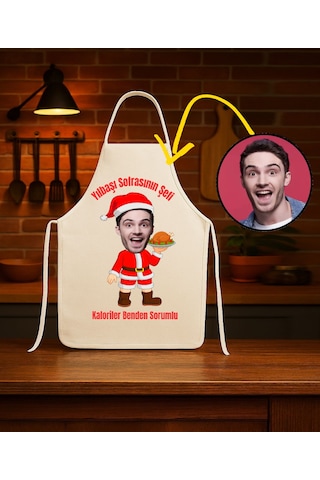 Kişiye Özel Karikatür Fotoğraflı Mutfak Önlüğü Yılbaşı Sofranın Şefi Çok Renkli