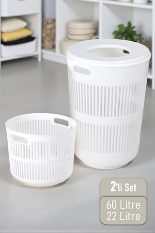 İronika Solara İkili Dekoratif Kirli Çamaşır Sepeti Seti Oyuncak Sepeti 60 - 22 Litre Beyaz Beyaz