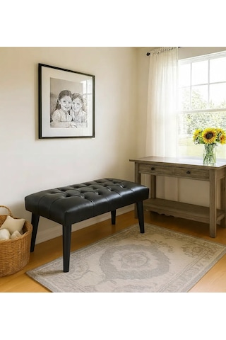 Waterybrook Bench Bank Puf - Suni Deri - Siyah Ahşap Ayaklı - Retro Modern Tasarım & Dekoratif Sehpa Siyah