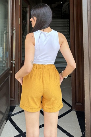 WeShaya Kadın Hardal Beli Lastikli, Cepli, Duble Paça, Kısa Keten Şort Hardal