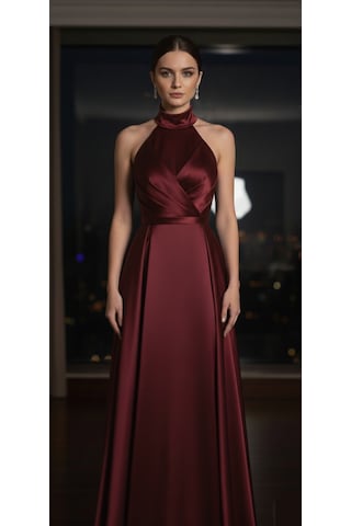 Makbuleofficial Bordo Saten Kumaştan Halter Yakalı Pile Detaylı Abiye Elbise