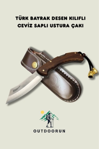 Outdoorun Türk Bayrak Desen Kılıflı Ceviz Saplı Ustura Kamp Çakı 18 Cm Kahverengi