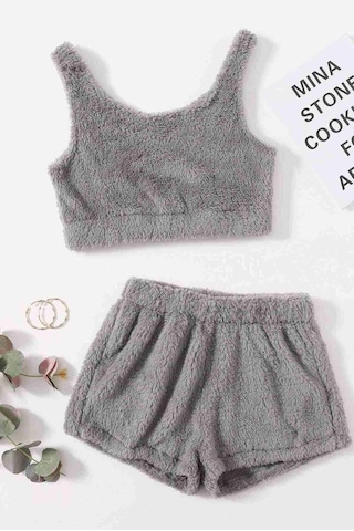 Alpinmoda Askılı Peluş Polar Alt Üst Şortlu Ms40788 Gri