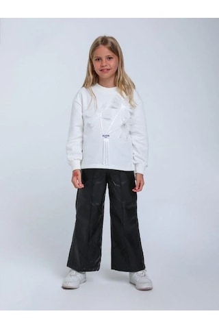Kız Çocuk Kabartma Çiçek Desenli Sweatshirt-14320 Beyaz