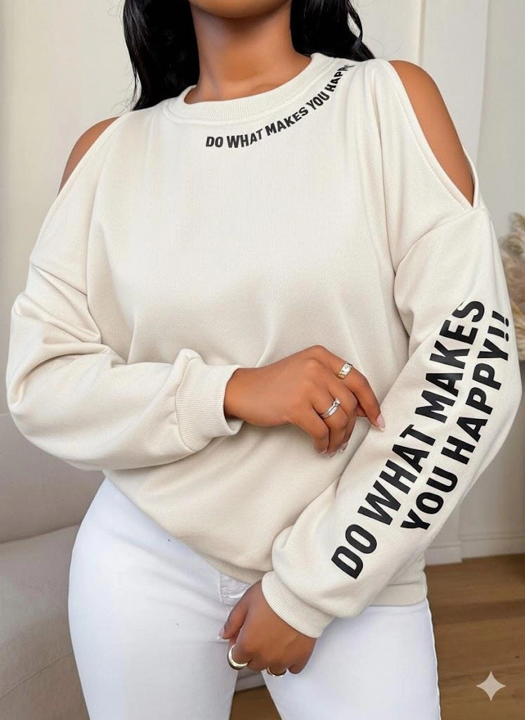 Premium 3 İplik Kumaş Ekru Sweatshirt Oversize Rahat Kalıp Siyah Minimal Baskılı Ekru