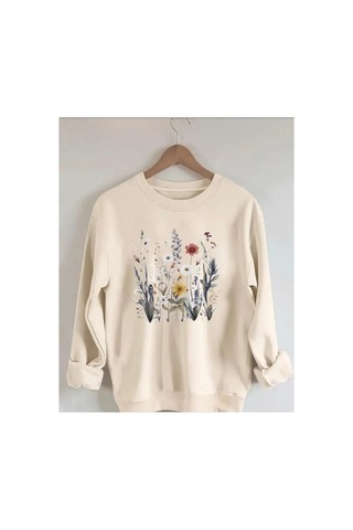 Herkesemoda Çiçekler Baskılıı Bisiklet Yaka İçi Polarlı Sweatshirt Beyaz