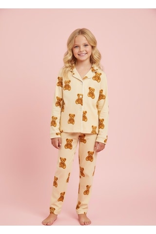 Beka Kids Ayıcık Desenli Uzun Kollu Önden Düğmeli Gömlek Yaka Kız Çocuk Pijama Takımı %100 Pamuklu Bej