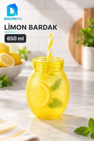 Limon Pipetli Bardak 650 Ml Kapaklı Plastik İçecek Bardağı Çok Renkli
