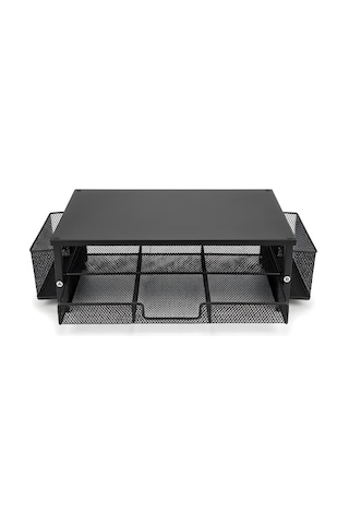 Temel Siyah Metal Mesh Monitör Yükseltici Stand Çekmeceli Kalemlikli Masaüstü Organizer 9210